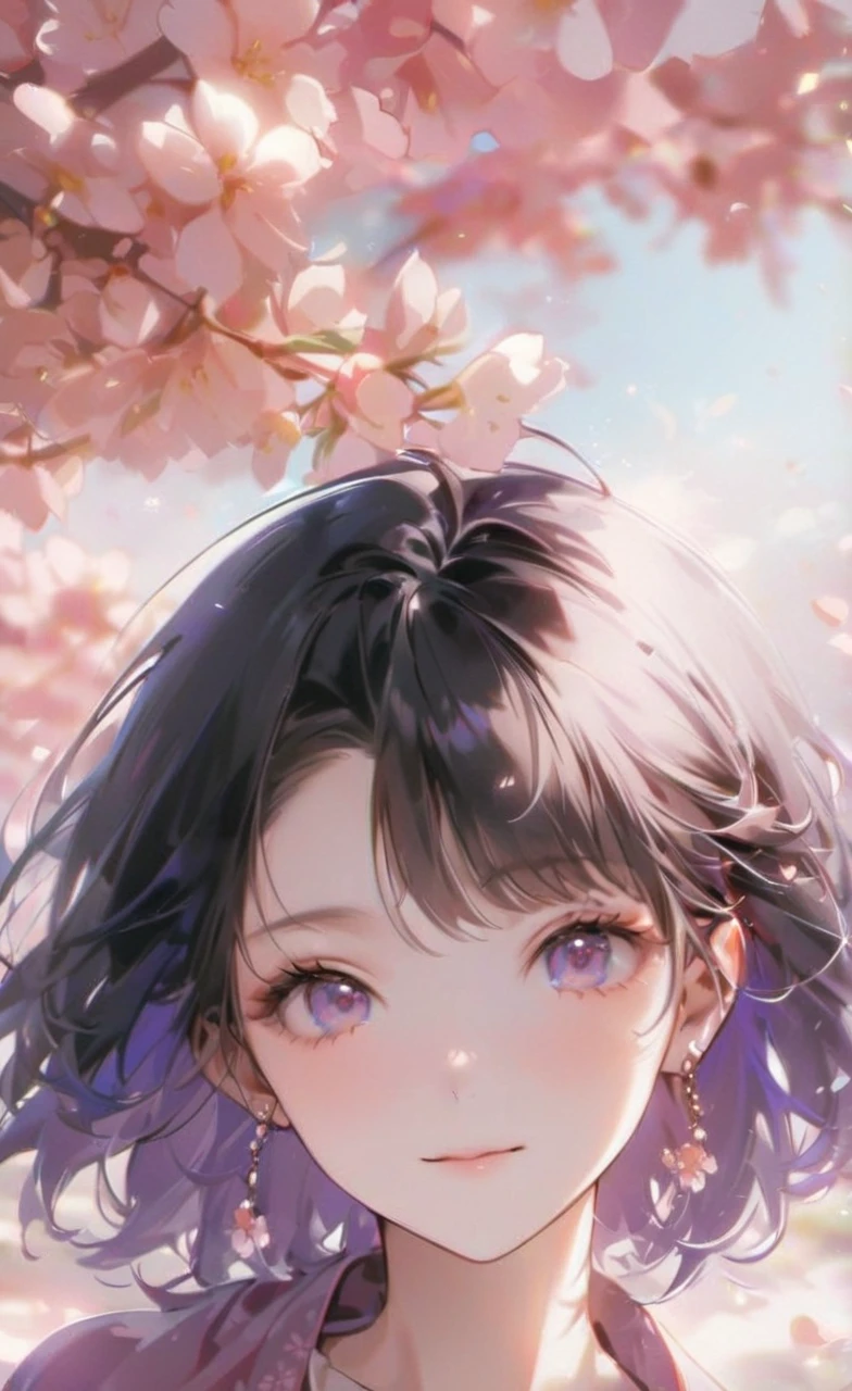 best quality, 8k, 32k, Neat and clean short hair, Detailed face, delicate eyes,Under the cherry blossom tree