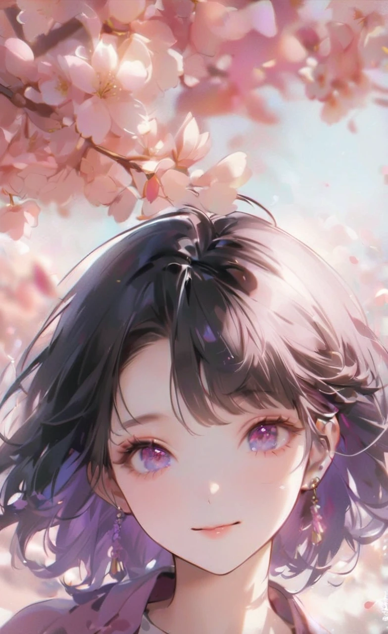 best quality, 8k, 32k, Neat and clean short hair, Detailed face, delicate eyes，Under the cherry blossom tree