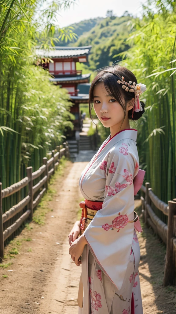 a beautiful japanese girl, wearing a kimono and simple headdress, on a dirt road flanked by high fences made of stone and bamboo like villages in Japan, sunlight exposure, warm lighting, intricate details, extremely detailed, best quality, Ultra HD, 4k, 8k, masterpiece, medium breast