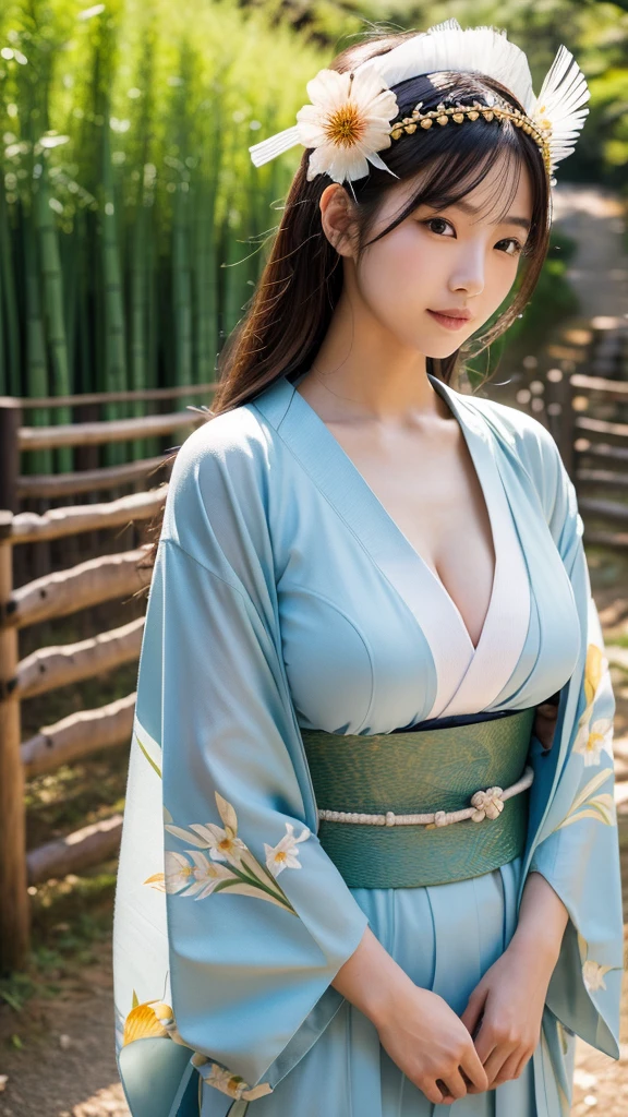 a beautiful japanese girl, wearing a kimono and simple headdress, on a dirt road flanked by high fences made of stone and bamboo like villages in Japan, sunlight exposure, warm lighting, intricate details, extremely detailed, best quality, Ultra HD, 4k, 8k, masterpiece, medium breast
