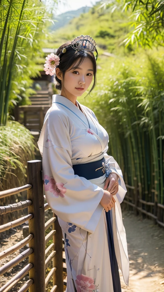 a beautiful japanese girl, wearing a kimono and simple headdress, on a dirt road flanked by high fences made of stone and bamboo like villages in Japan, sunlight exposure, warm lighting, intricate details, extremely detailed, best quality, Ultra HD, 4k, 8k, masterpiece, medium breast