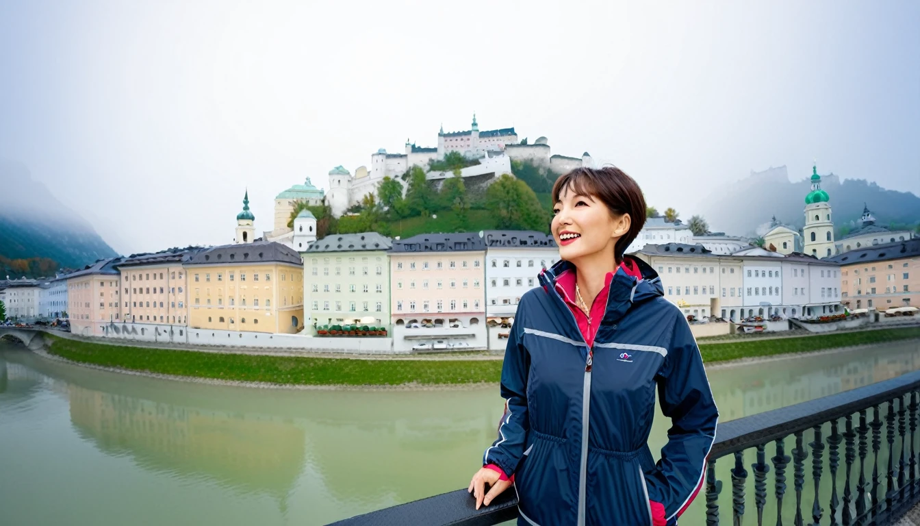 high quality, 1 woman, ((36 years old 건강한 한국 여성)), ((36 years old)), 1 woman, The eyes are big and beautiful. ((slim)), ((short medium hair)), laugh. pose: standing, windbreaker jacket, background:Your residence is a baroque townhouse with a plaster façade and wrought iron railings.... Overlooking the Salzach River and Hohensalzburg Fortress, Morning fog, looking slightly upward, 1 woman, Full body shot with Canon 16-34 wide angle lens, View: river view, look up to the side