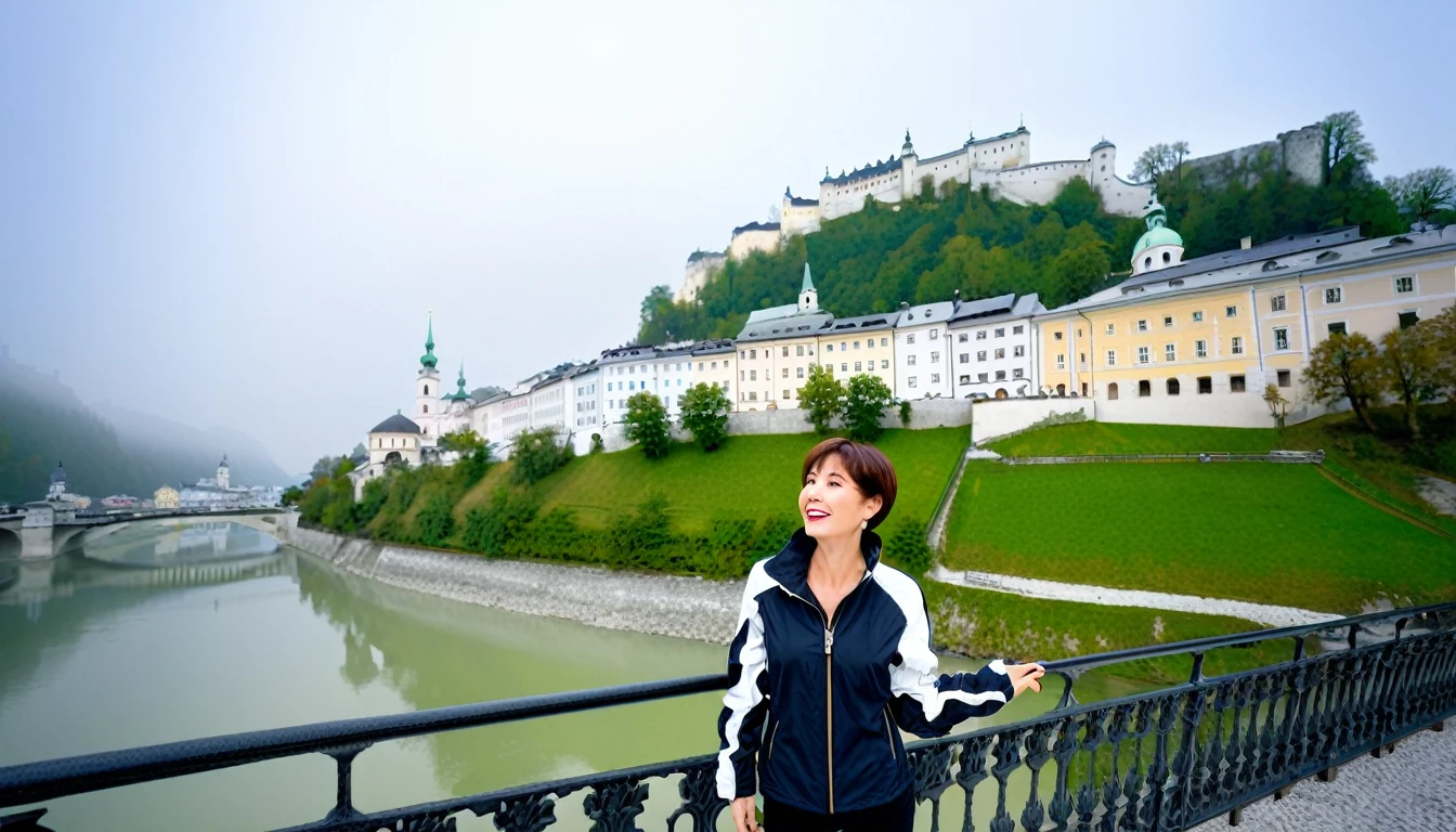 high quality, 1 woman, ((36 years old 건강한 한국 여성)), ((36 years old)), 1 woman, The eyes are big and beautiful. ((slim)), ((short medium hair)), laugh. pose: standing, windbreaker jacket, background:Your residence is a baroque townhouse with a plaster façade and wrought iron railings.... Overlooking the Salzach River and Hohensalzburg Fortress, Morning fog, looking slightly upward, 1 woman, Full body shot with Canon 16-34 wide angle lens, View: river view, look up to the side