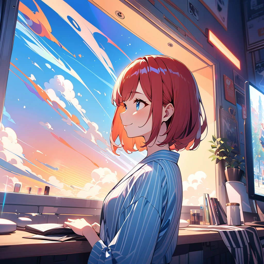 1 girl,Redhead Bob Cut、Long Bangs、Blue Eyes、Light blue yukata 、smile、From the front towards you、profile,In 8K, Surreal, Lens flare,A fun atmosphere, Shine, In detail, complicated, Many colors, Bright lighting,Bright Face、Trending on Art Station,, Surreal,, Extremely detailed, Unreal Engine 5, masterpiece, Highest quality、Upper Body