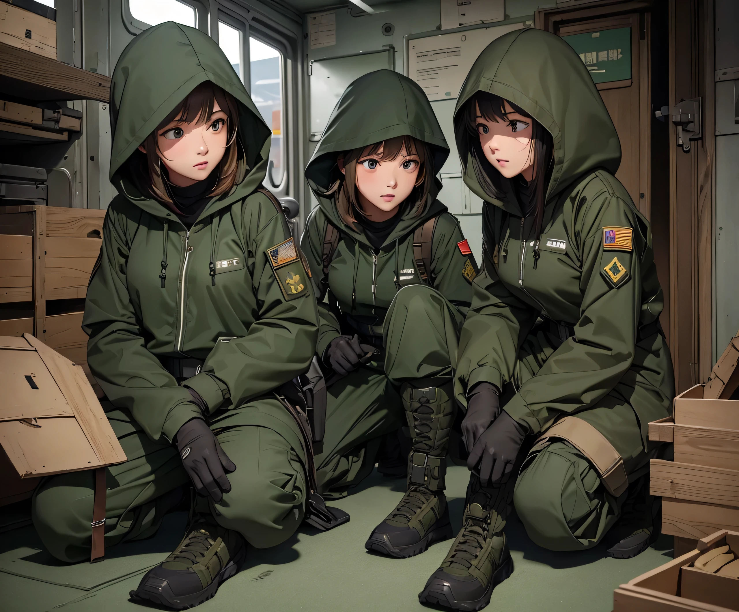 A group of female soldiers on a military ship，All wear dark green M-51 hooded military uniforms、Hooded on head、Magazine Pouch、Military Pants、Knee pads，Write details、masterpiece、best quality、Highly detailed CG、8K picture quality