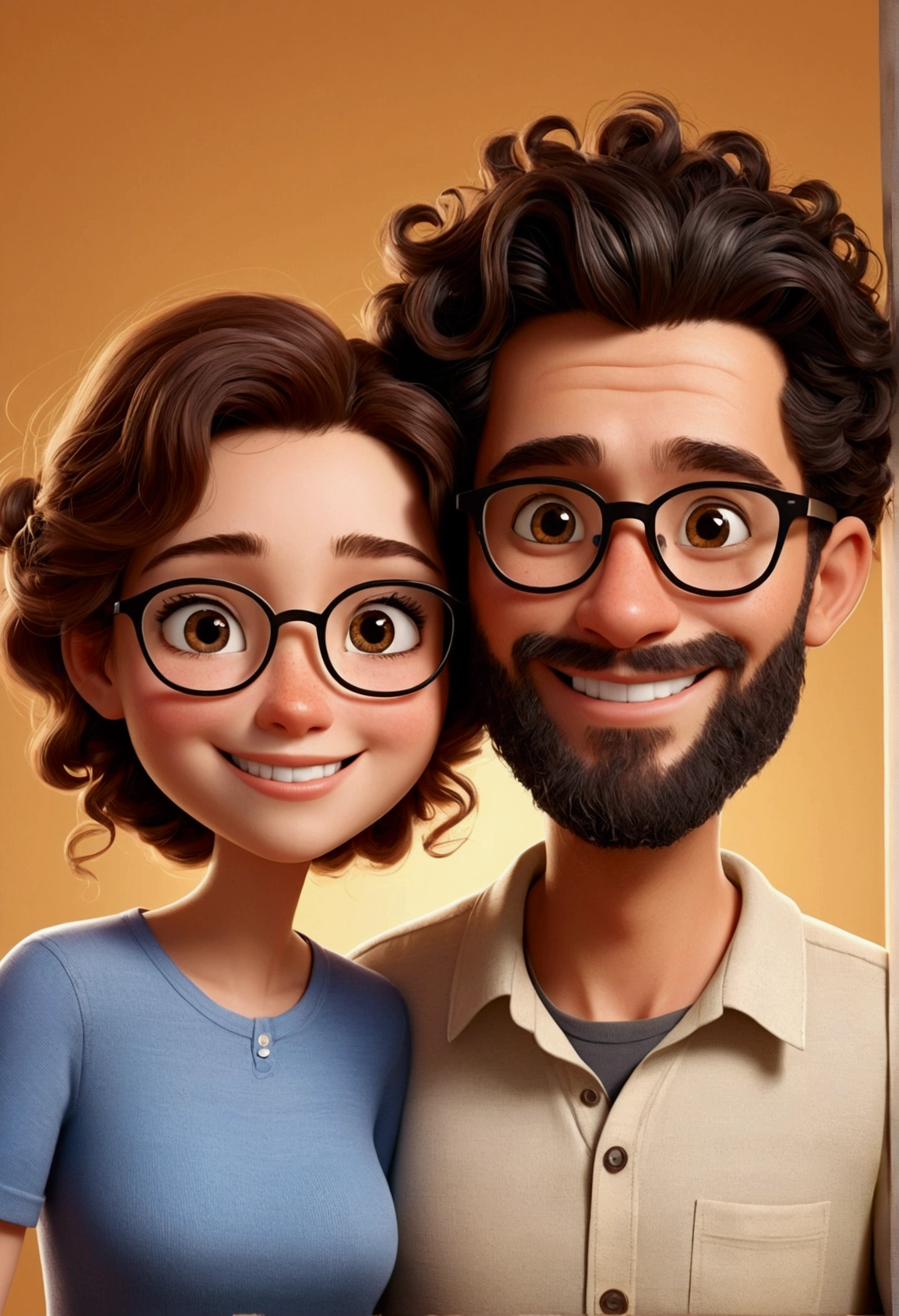 An illustration of an adorable couple, formed by a short woman, with beautiful expressive eyes - the man's skin is brown and the man's hair is black and he wears a beard and glasses, while the woman's skin is white and the woman's hair is curly and brown. They are a bright room, each with a smile on their face, and share a special moment characterized by love, Perceptions. Illustrate this scene from a perspective where they are facing the camera, Smiling and showing your connection. Develop this art in Full HD, Focus on your cinematic flair, Estilo Disney Pixar Animations