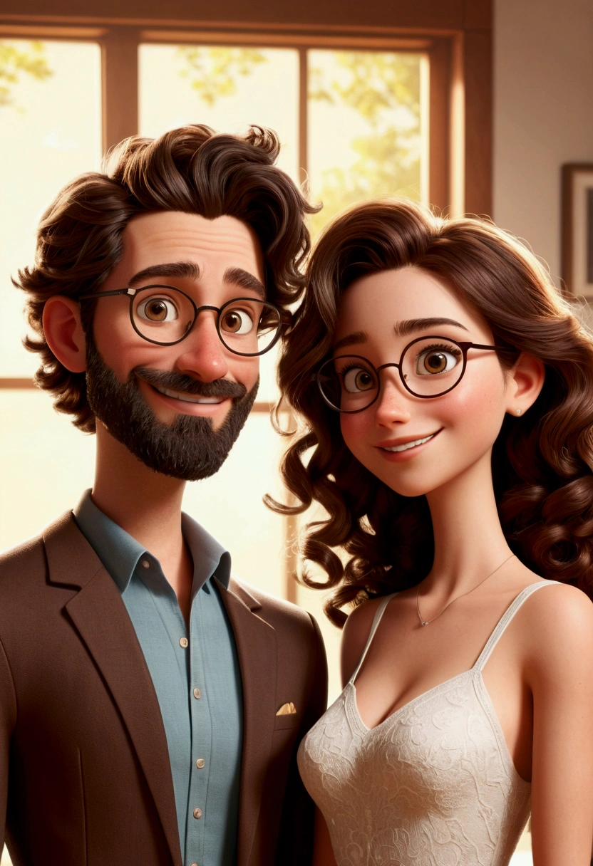 An illustration of an adorable couple, formed by a short woman, with beautiful expressive eyes - the man&#39;s skin is brown and the man&#39;s hair is black and he wears a beard and glasses, while the woman's skin is white and the woman's hair is curly and brown. They are a bright room, each with a smile on their face, and share a special moment characterized by love, Perceptions. Illustrate this scene from a perspective where they are facing the camera, Smiling and showing your connection. Develop this art in Full HD, Focus on your cinematic flair, Estilo Disney Pixar Animations