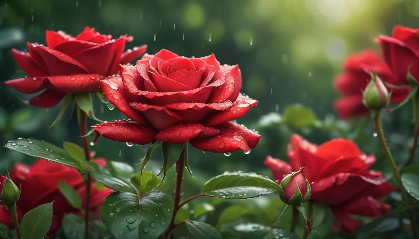 Close-up of vivid red roses centered in the frame, dew drops on flower petals, soft focus on surrounding lush green foliage, defocused background creating a bokeh effect, nature's palette in full display, natural light, ultra fine details, digital painting