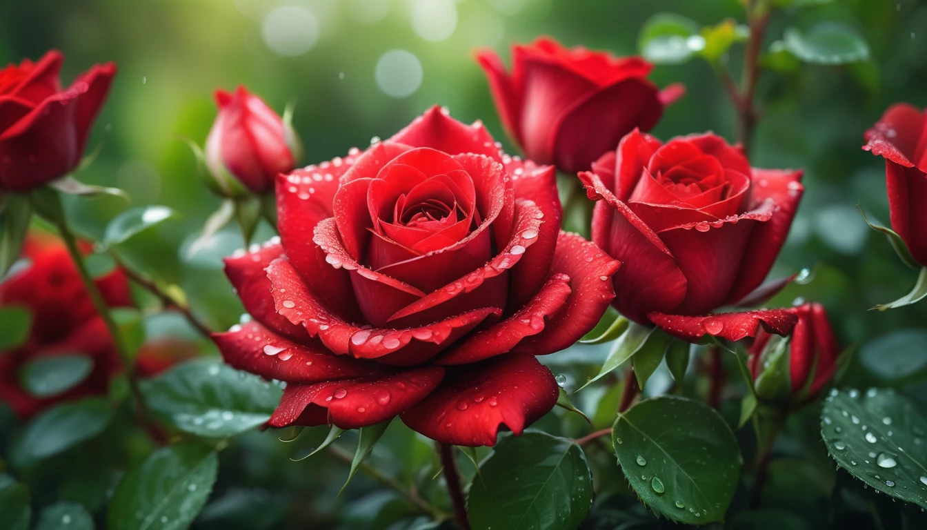 Close-up of vivid red roses centered in the frame, dew drops on flower petals, soft focus on surrounding lush green foliage, defocused background creating a bokeh effect, nature's palette in full display, natural light, ultra fine details, digital painting