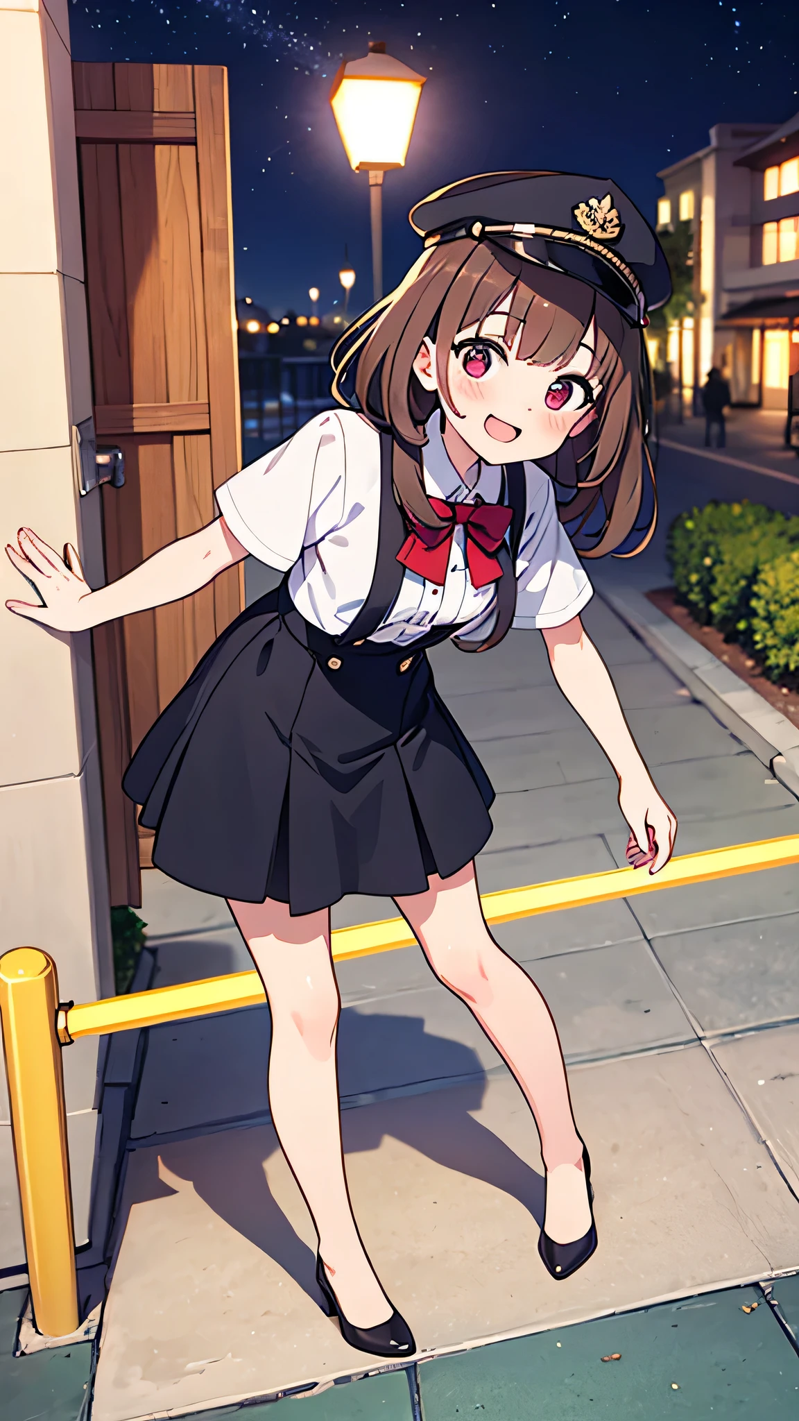 {Highest quality}, {Super beautiful},{Ultra fine},{Best illustration},Brown Hair,Hime cut,semi-long,Bangs,Standing Woman,Uniform cap,White Shirt,Short sleeve,Long black skirt,Night Park,Embarrassed,smilingly,Blushing,Slender women, A woman wearing plain black pumps,Bare feet and pumps,From an angle,From above