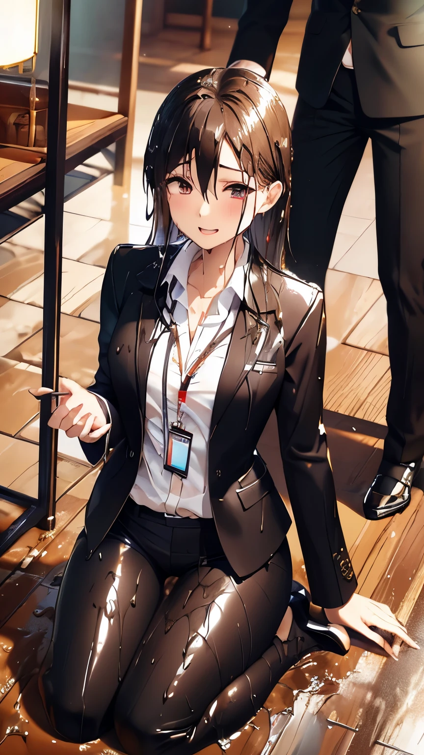 ,Highest,masterpiece,Highest品質,High resolution,high quality,Realistic,Medium Hair,Wet髪,Pants Style,High heels, Collared shirt,,Black jacket,suit:1.5,Wet,Sweat,Fair skin,Oily skin,ID card,White chocolate:2.0