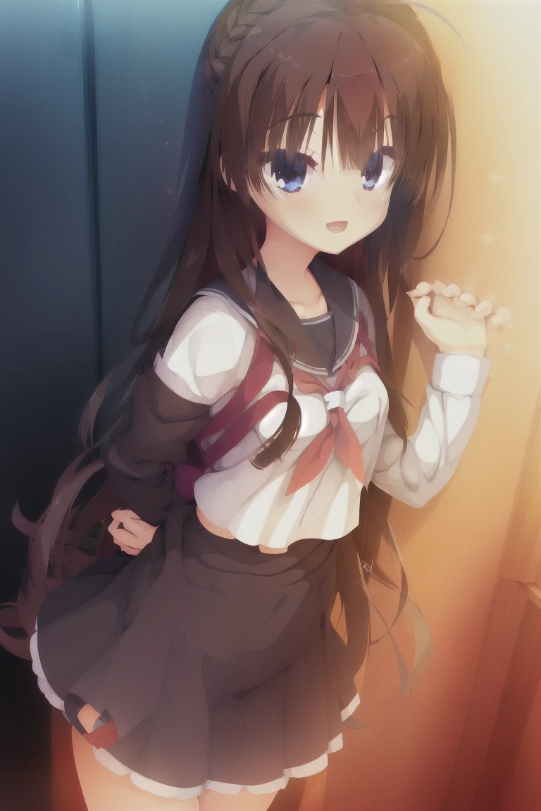 1girl,bangs,long_hair,独奏,black_skirt,blue_eyes,blush,skirt,neckerchief,open_mouth,eyebrows_ass visible_through_hair,smile,ahoge,bionde_hair,looking_at_viewer,school_uniform,serafuku,cowboy_shot,hair_between_eyes,standing,indoors,chain,shirt,pleated_skirt,short_sleeves,very_long_hair,collarbone,:d,sailor_collar,black_shirt,window,red_neckwear,arm_behind_back,hand_up,dutch_angle,floating_hair,blurry,depth_of_field,black_serafuku,blurry_background,white_sailor_collar,expensive_solve, clear_image, expensive_Contrast, 8k, Sparkling, beautiful_detailed_face_and_eye, (Brown Hair:1.25), 白 eye,