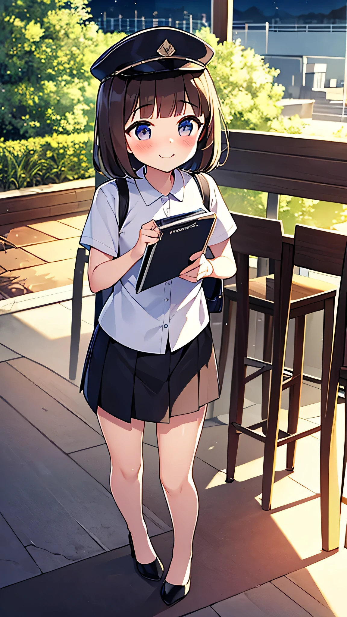 {Highest quality}, {Super beautiful},{Ultra fine},{Best illustration},Brown Hair,Hime cut,semi-long,Bangs,Standing Woman,Uniform cap,White Shirt,Short sleeve,Long black skirt,Night Park,Embarrassed,smilingly,Blushing,Slender women, A woman wearing plain black pumps,Bare feet and pumps,From an angle,From above