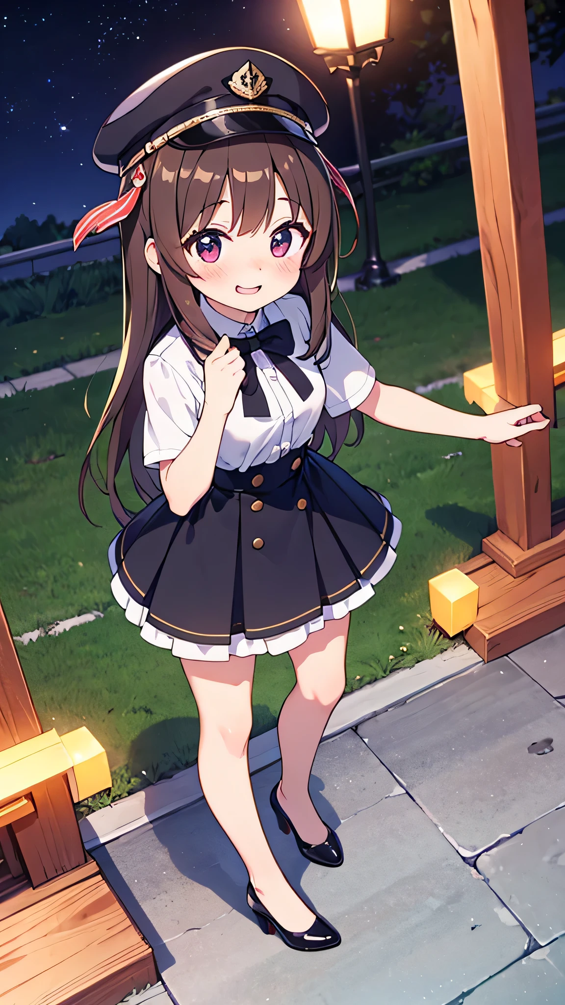 {Highest quality}, {Super beautiful},{Ultra fine},{Best illustration},Brown Hair,Hime cut,semi-long,Bangs,Standing Woman,Uniform cap,White Shirt,Short sleeve,Long black skirt,Night Park,Embarrassed,smilingly,Blushing,Slender women, A woman wearing plain black pumps,Bare feet and pumps,From an angle,From above