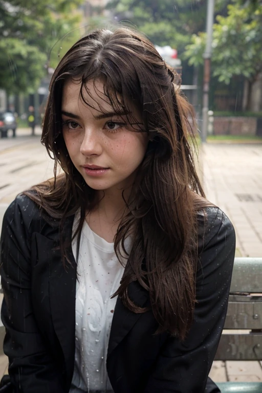 ideal ratio body proportions, looking away, close-up, upper body, 1 woman, solo, expressionless, pessimistic, holding back tears, brown eyes, small eyes, empty eyes, long hair, brown hair, , black blazer, bow, evening,dark sky, playground, in rain, soaking wet, clothes clinging to the body, hair clinging to the body, water dripping from clothes,water dripping from hair, park bench, lying sideways on park bench, press head on park bench