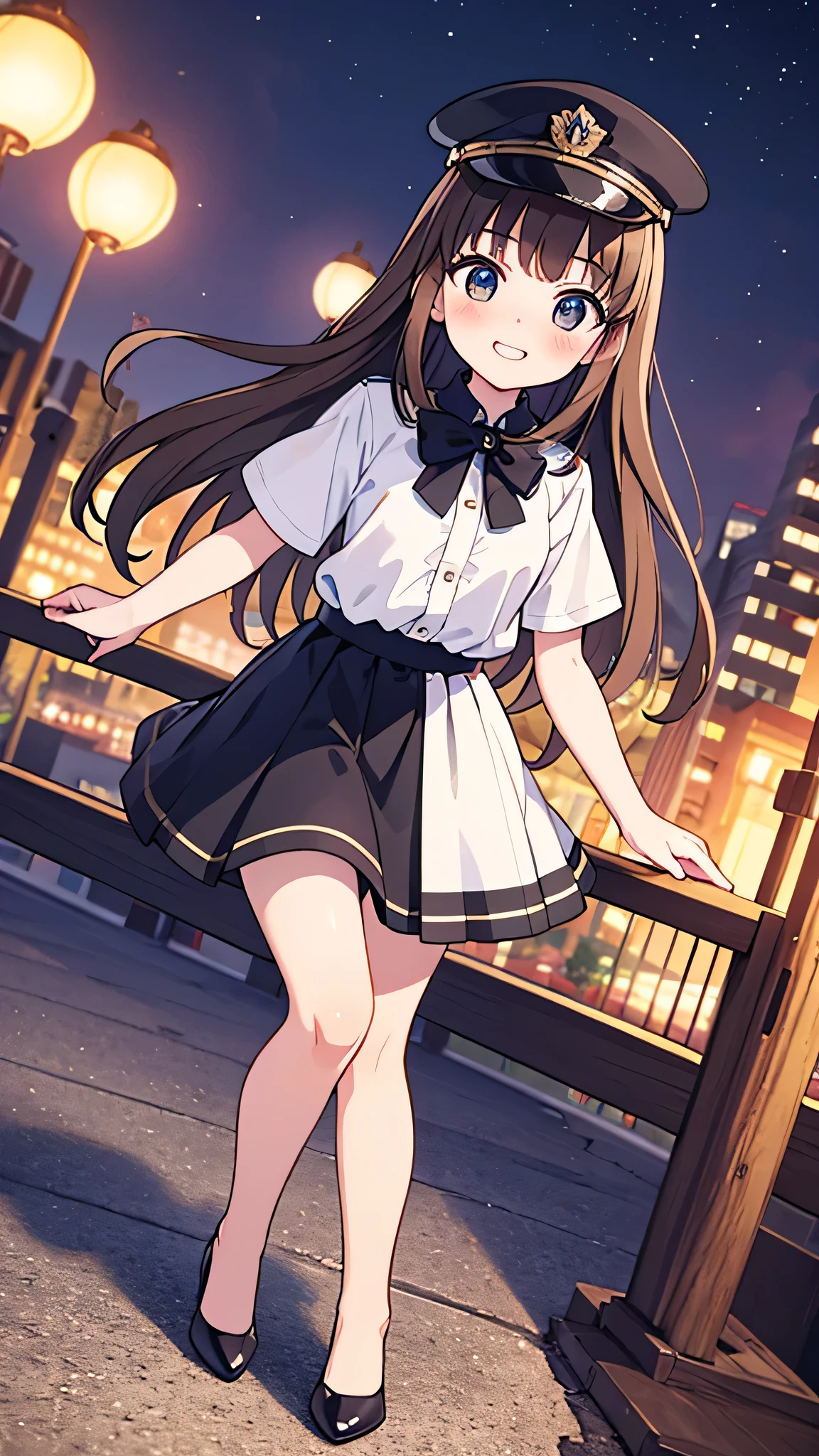 {Highest quality}, {Super beautiful},{Ultra fine},{Best illustration},Brown Hair,Hime cut,semi-long,Bangs,Standing Woman,Uniform cap,White Shirt,Short sleeve,Long black skirt,Night Park,Embarrassed,smilingly,Blushing,Slender women, A woman wearing plain black pumps,Bare feet and pumps,From an angle,From above