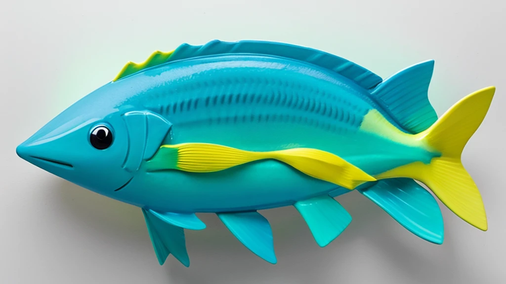 The image showcases a whimsical sculptural artwork. The composition features a ceramic depiction of a cat, playfully riding atop a blue-green fish. The art style leans towards the whimsical and cartoonish, with smooth surfaces and vibrant, somewhat pastel colors. The cat, painted in white with yellow and pink accents, has an adorably mischievous expression, holding onto the fish. The fish's simplistic design includes minimal detailing with an overall blue-green color and yellow accents at its fins and tail. Both the cat and the fish rest on a neutral, textured gray background, which does not distract from the playful centerpiece.