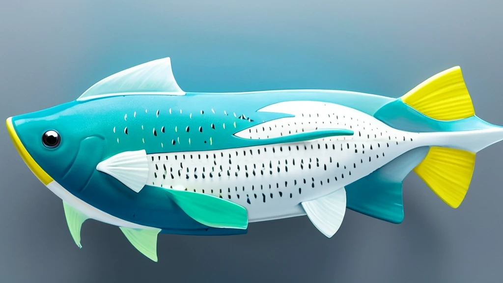 The image showcases a whimsical sculptural artwork. The composition features a ceramic depiction of a cat, playfully riding atop a blue-green fish. The art style leans towards the whimsical and cartoonish, with smooth surfaces and vibrant, somewhat pastel colors. The cat, painted in white with yellow and pink accents, has an adorably mischievous expression, holding onto the fish. The fish's simplistic design includes minimal detailing with an overall blue-green color and yellow accents at its fins and tail. Both the cat and the fish rest on a neutral, textured gray background, which does not distract from the playful centerpiece.