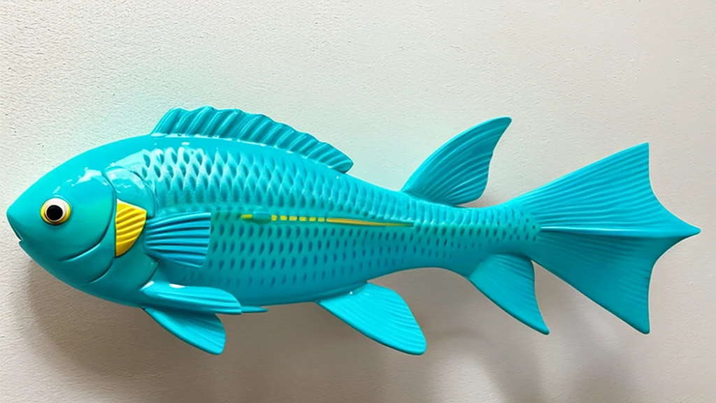 The image showcases a whimsical sculptural artwork. The composition features a ceramic depiction of a cat, playfully riding atop a blue-green fish. The art style leans towards the whimsical and cartoonish, with smooth surfaces and vibrant, somewhat pastel colors. The cat, painted in white with yellow and pink accents, has an adorably mischievous expression, holding onto the fish. The fish's simplistic design includes minimal detailing with an overall blue-green color and yellow accents at its fins and tail. Both the cat and the fish rest on a neutral, textured gray background, which does not distract from the playful centerpiece.