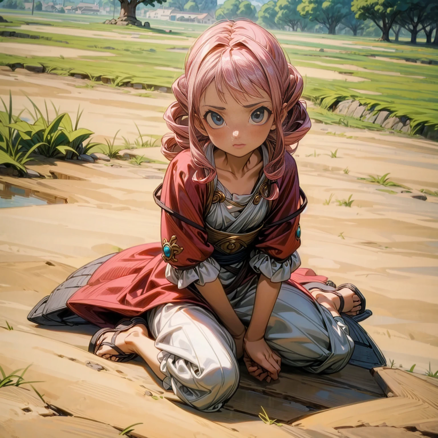 1childern girl, Full body version, 1character, children girl version, blue eyes, long Curly haircut, pink colour hair, Ancient Roman clothing, red colour clothing, sandals, Grassroots, background in field town, motion blur, (dragon ball style art)