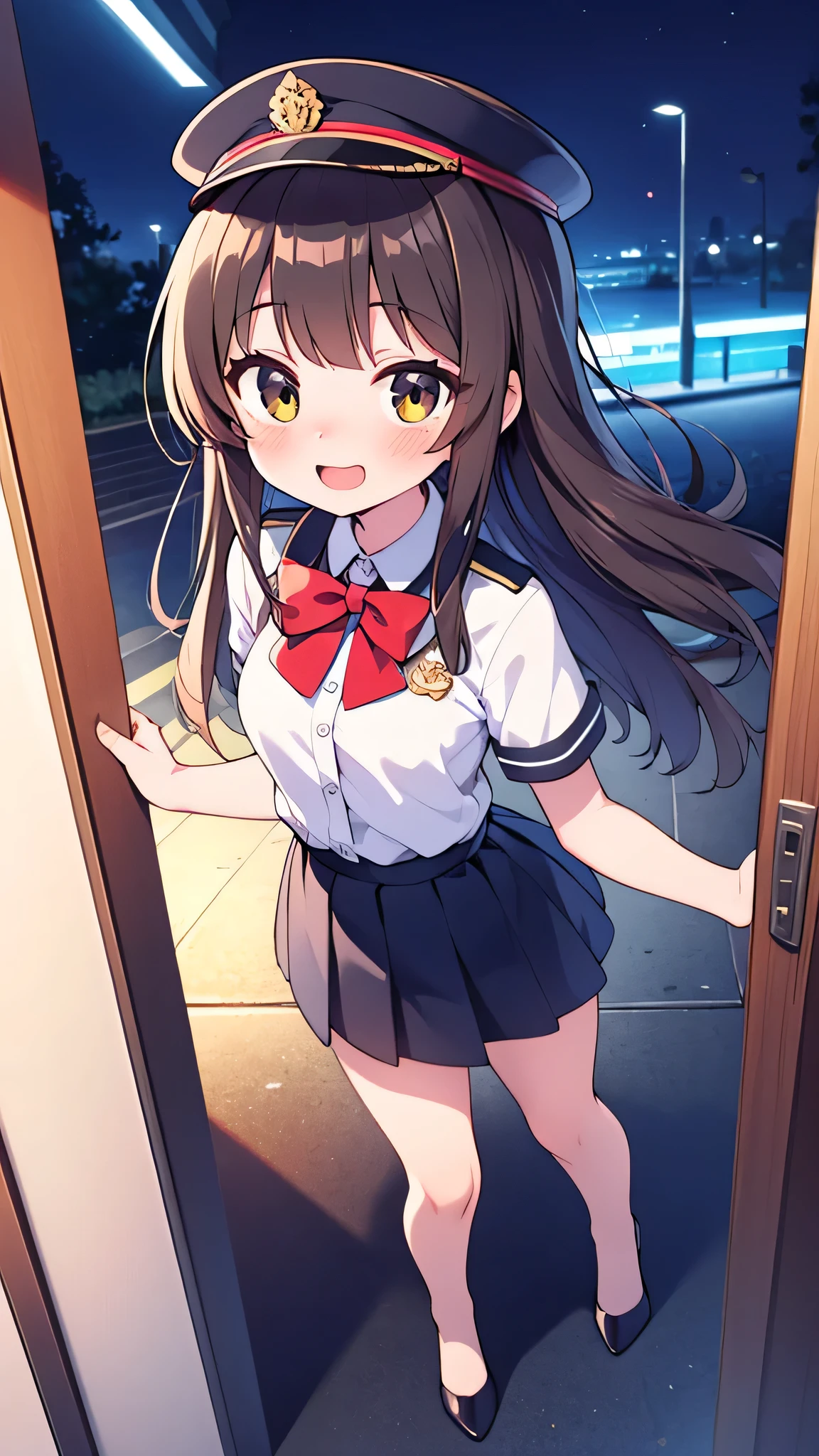 {Highest quality}, {Super beautiful},{Ultra fine},{Best illustration},Brown Hair,Hime cut,semi-long,Bangs,Standing Woman,Uniform cap,White Shirt,Short sleeve,Long black skirt,Night Park,Embarrassed,smilingly,Blushing,Slender women, A woman wearing plain black pumps,Bare feet and pumps,From an angle,From above