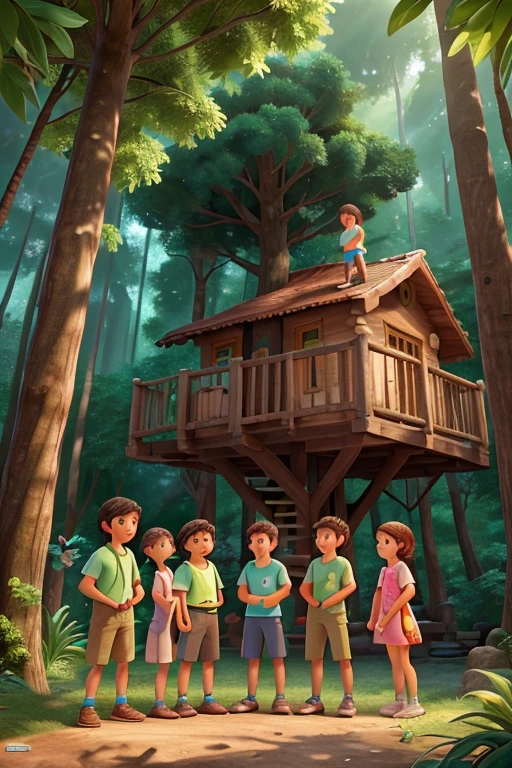 "A small group of friends – João, a boy skilled in climbing; Maria, a girl who is an excellent swimmer; Pedro, a boy with a great sense of direction; and Luísa, a talented map drawer – standing together in a cozy, wooden treehouse in a lush green forest, discussing their next adventure."