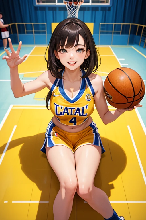 Brooke Lee Adams as a sexy basketball player, basketball court, sexy basketball uniform, cleavage, midriff, smiling, friendly expression, dynamic pose, winning dunk (Ball in the basketball ring), Hold up the ball with both hands, Incredible jump, floating down from the basketball court, best quality, (masterpiece), hyper detailed, ultra high res, raw photo, absolutely resolution, ((aerial view)), hand focus, looking up at basketball ring, bright lighting, warm colors, (best quality,4k,8k,highres,masterpiece:1.2),ultra-detailed,