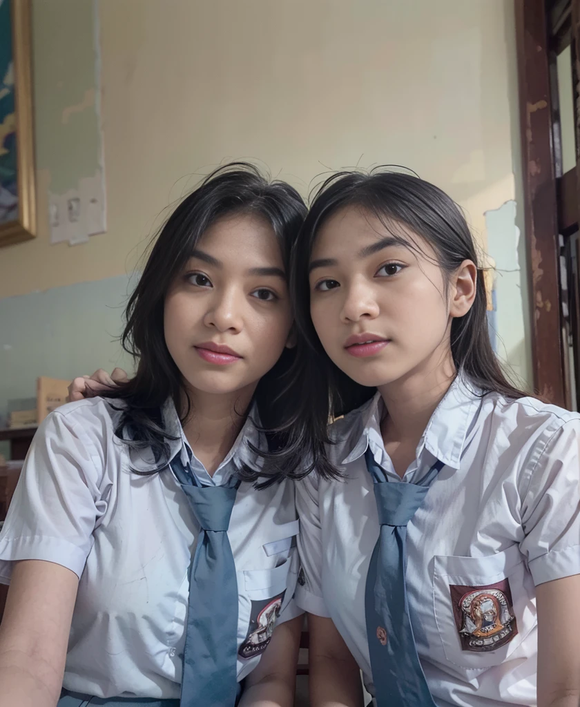 (upperbody:1.2), selfie portrait of (2 girls:1.5), beautiful cewe-sma wearing (highschool uniform, short sleeve, blue grey long tie, (bottomless:1.5)), serene expression, detailed facial features, flawless make-up, intricate embroidered patterns, (exposed hanging breast:1.3), slim body, sitting side by side with elegant pose), in the classroom, looks so cool, (foggy atmosphere:1.3), ((low angle, seen from forward):1.3), (facing forward:1.2), soft natural lighting, photorealistic, highly detailed, 8k, cinematic, dramatic, natural color tones,