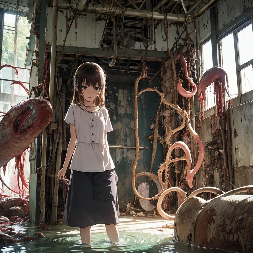 Girl captured by tentacles in abandoned factory、Tentacles in a skirt、Pants fabric texture、Watery eye、shout、Get wet、Reluctant、run away