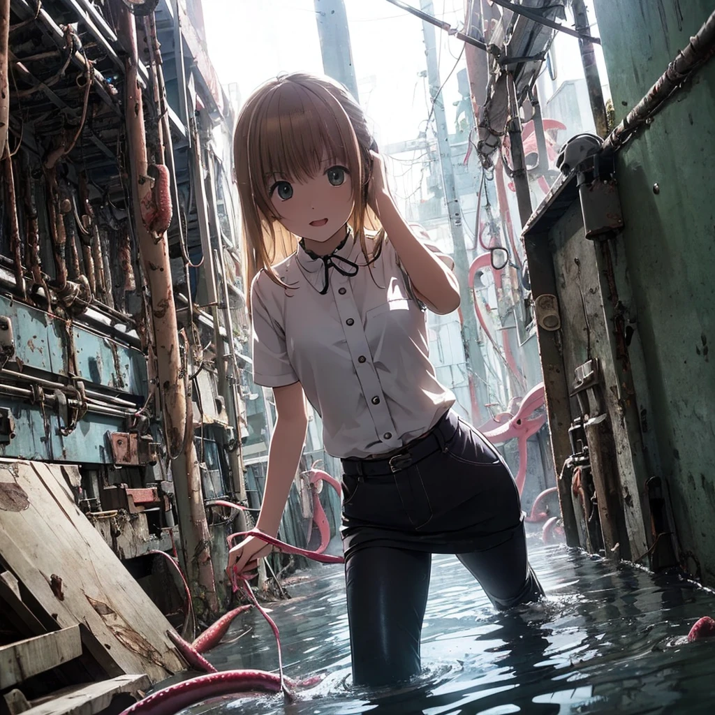 Girl captured by tentacles in abandoned factory、Tentacles in a skirt、Pants fabric texture、Watery eye、shout、Get wet、Reluctant、run away