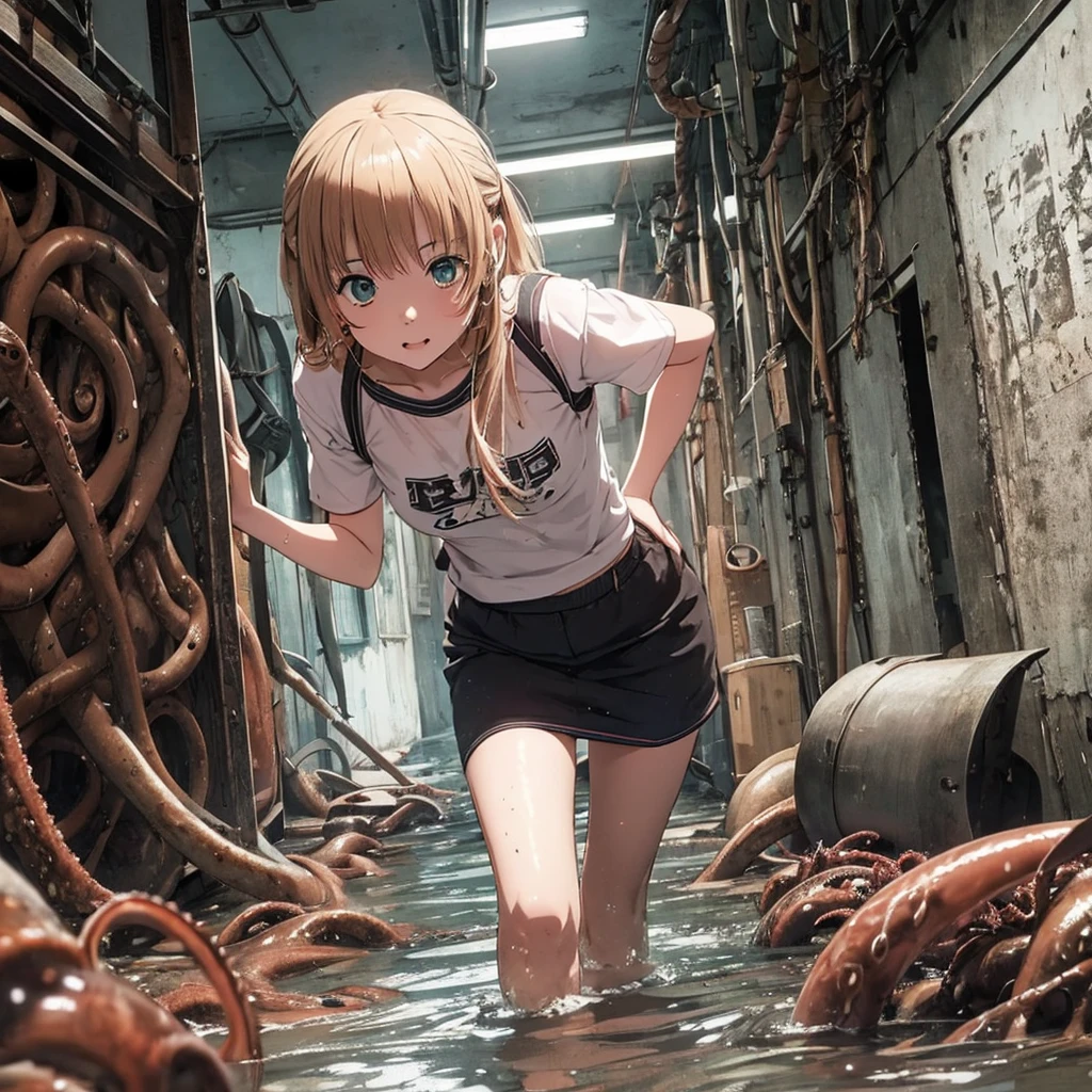 Girl captured by tentacles in abandoned factory、Tentacles in a skirt、Pants fabric texture、Watery eye、shout、Get wet、Reluctant、run away