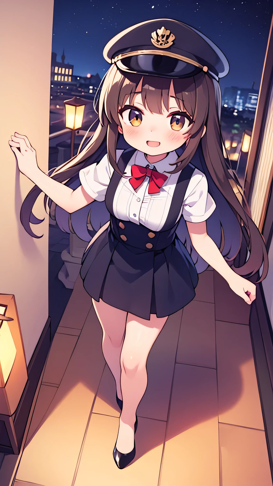 {Highest quality}, {Super beautiful},{Ultra fine},{Best illustration},Brown Hair,Hime cut,semi-long,Bangs,Standing Woman,Uniform cap,White Shirt,Short sleeve,Long black skirt,Night Park,Embarrassed,smilingly,Blushing,Slender women, A woman wearing plain black pumps,Bare feet and pumps,From an angle,From above