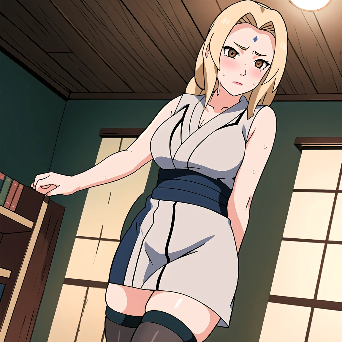 Tsunade , Brown eyes , Blonde Hair , Forehead Mark , (8K, RAW photos, best quality, masterpiece:1.2), (Intricate details), Perfect eyes, Perfect face, Perfect lighting, beautiful, (masterpiece:1.2), (best quality:1.2), 1 Girl, White shirt , Denim shorts , ,(Vision(blush,nervous,Vision,classroom,bookshelf,Standing,))masterpiece, absurd , (Intricate details), (Colorful), light, Extremely detailed CG unity 8k wallpaper ,1 Girl, solo,(shy,classroom,night,blush,nervous,Sweating,蕾丝dress, ),sweat,blush,blush1.5,Blush,Medium chest,((dress,Black stockings,)),(dress,Standing,Uncomfortable expression,Mouth open,spit)