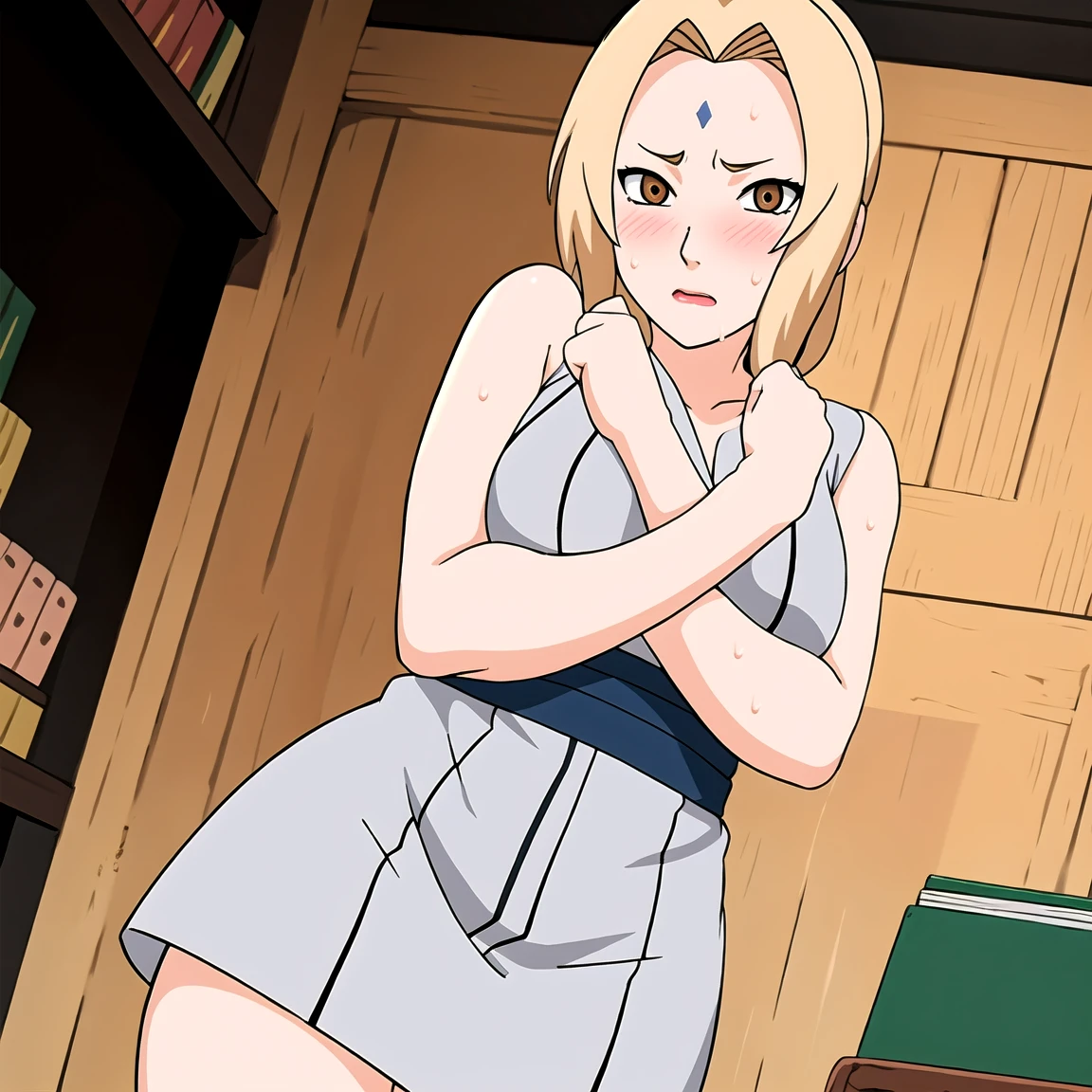 Tsunade , Brown eyes , Blonde Hair , Forehead Mark , (8K, RAW photos, best quality, masterpiece:1.2), (Intricate details), Perfect eyes, Perfect face, Perfect lighting, beautiful, (masterpiece:1.2), (best quality:1.2), 1 Girl, White shirt , Denim shorts , ,(Vision(blush,nervous,Vision,classroom,bookshelf,Standing,))masterpiece, absurd , (Intricate details), (Colorful), light, Extremely detailed CG unity 8k wallpaper ,1 Girl, solo,(shy,classroom,night,blush,nervous,Sweating,蕾丝dress, ),sweat,blush,blush1.5,Blush,Medium chest,((dress,Black stockings,)),(dress,Standing,Uncomfortable expression,Mouth open,spit)