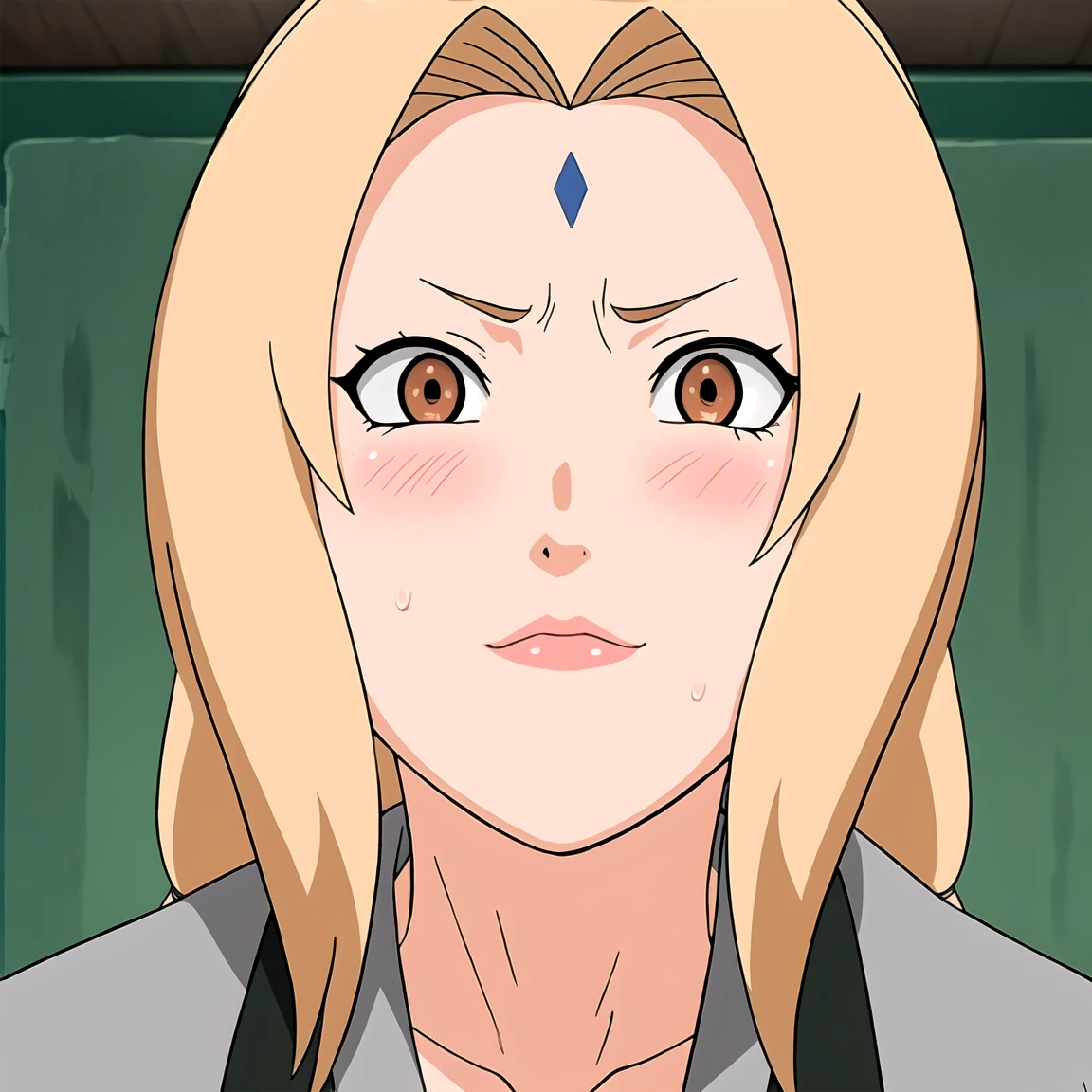 Tsunade , Brown eyes , Blonde Hair , Forehead Mark , (8K, RAW photos, best quality, masterpiece:1.2), (Intricate details), Perfect eyes, Perfect face, Perfect lighting, beautiful, (masterpiece:1.2), (best quality:1.2), 1 Girl, White shirt , Denim shorts , ,(Vision(blush,nervous,Vision,classroom,bookshelf,Standing,))masterpiece, absurd , (Intricate details), (Colorful), light, Extremely detailed CG unity 8k wallpaper ,1 Girl, solo,(shy,classroom,night,blush,nervous,Sweating,蕾丝dress, ),sweat,blush,blush1.5,Blush,Medium chest,((dress,Black stockings,)),(dress,Standing,Uncomfortable expression,Mouth open,spit)