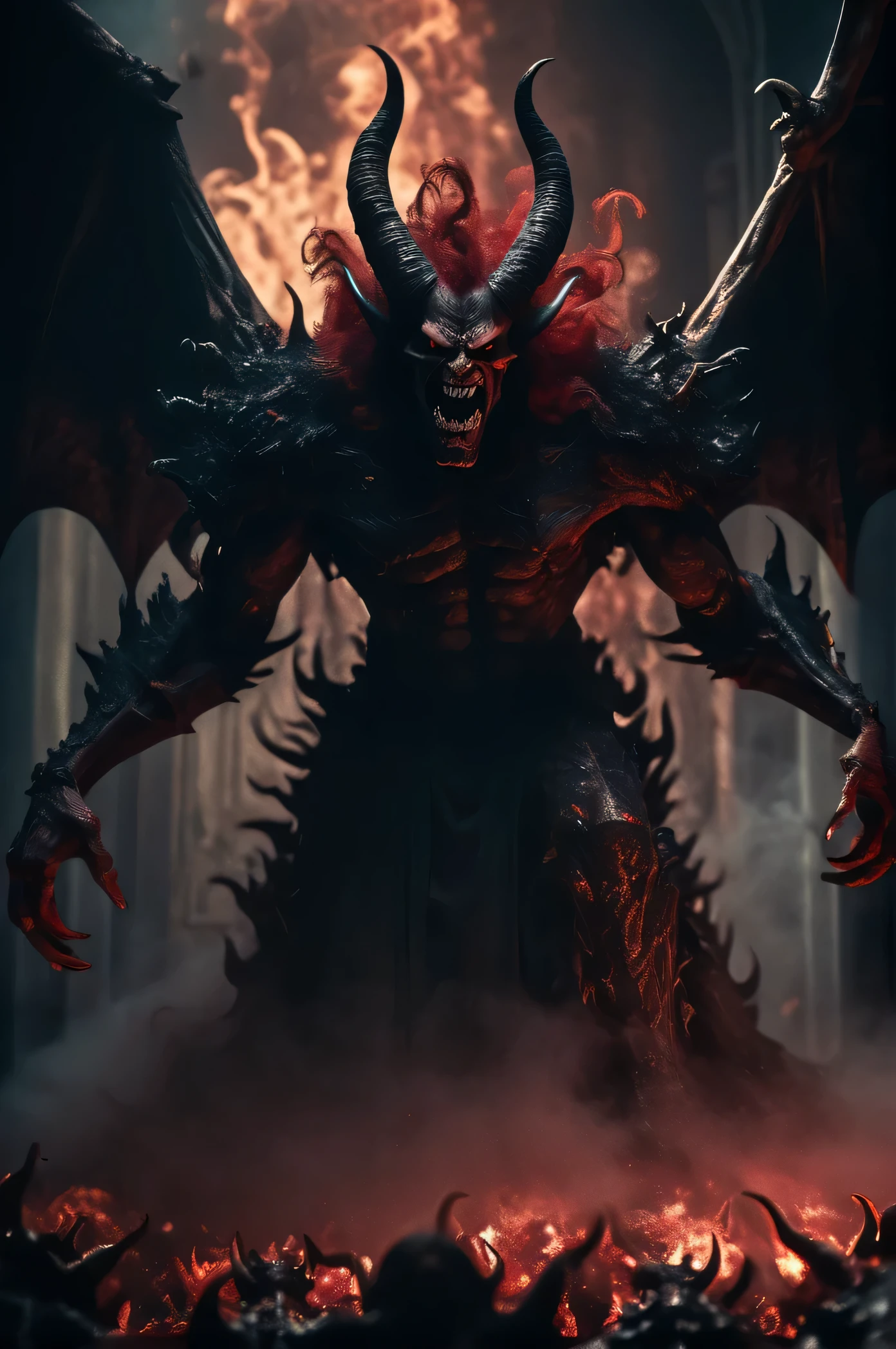 Horror-themed cinematic film still,a horrifying red-skinned male demon king, (full body portrait:1.3), (detailed monstrous evil face:1.4), screaming, wide spread bat like wings, (detailed scaly skin texture:1.2), long curved horns, (in hell, swirling tormented souls, billowing smoke:1.5), black spiky armor,, shallow depth of field, vignette, highly detailed, high budget, bokeh, cinemascope, moody, epic, gorgeous, film grain, grainy . Eerie, unsettling, dark, spooky, suspenseful, grim, highly detailed