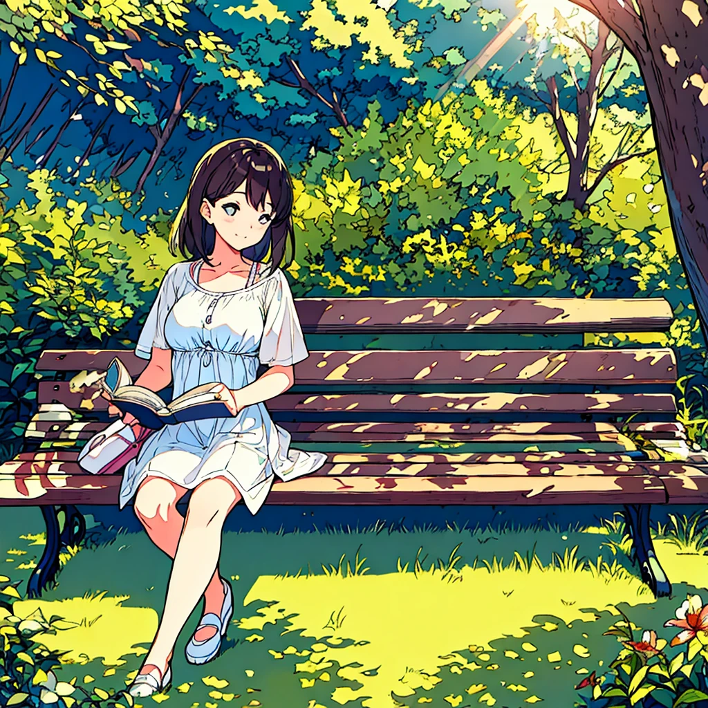 Summer A woman is sitting on a bench Sunlight through the trees Simple Nostalgic Reading a book
