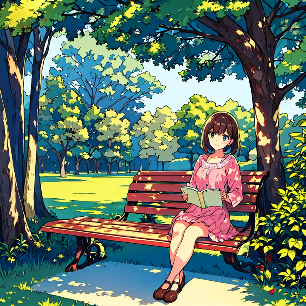 Summer A woman is sitting on a bench Sunlight through the trees Simple Nostalgic Reading a book