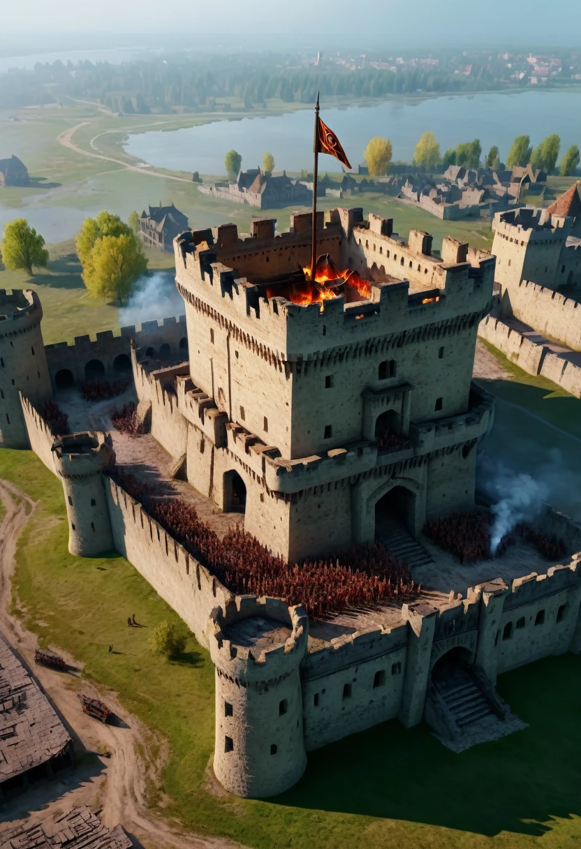 a dilapidated medieval castle under siege, birds-eye view, crumbling siege tower, broken battering ram, encircling army, smoke billowing everywhere, burning buildings:1.2, arrows flying, sunset, long shot, fluttering flags, (best quality,4k,8k,highres,masterpiece:1.2),ultra-detailed,(realistic,photorealistic,photo-realistic:1.37),cinematic,highly detailed,dramatic lighting,epic scale,volumetric lighting,dynamic composition,muted color palette,warm tones