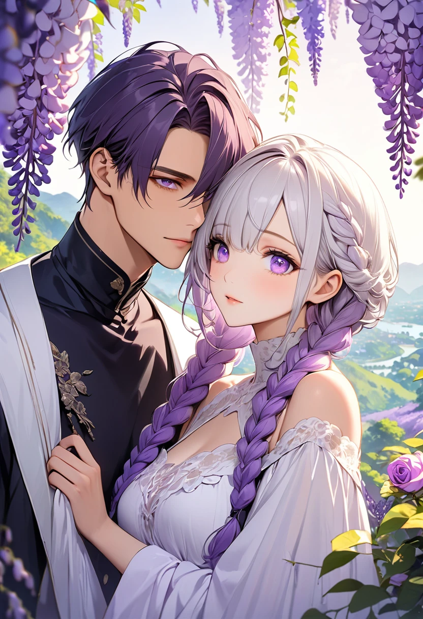 (masterpiece, best quality:1.2), handsome boy and beautiful girl，Purple Eyes，Bright Eyes，Eye details，White hair - 2 long - purple braids，High Neck Off Shoulder Dress，Purple lavender，Wisteria Rose，Beautiful scenery，Fluorescent violet、Fluorescent Green
