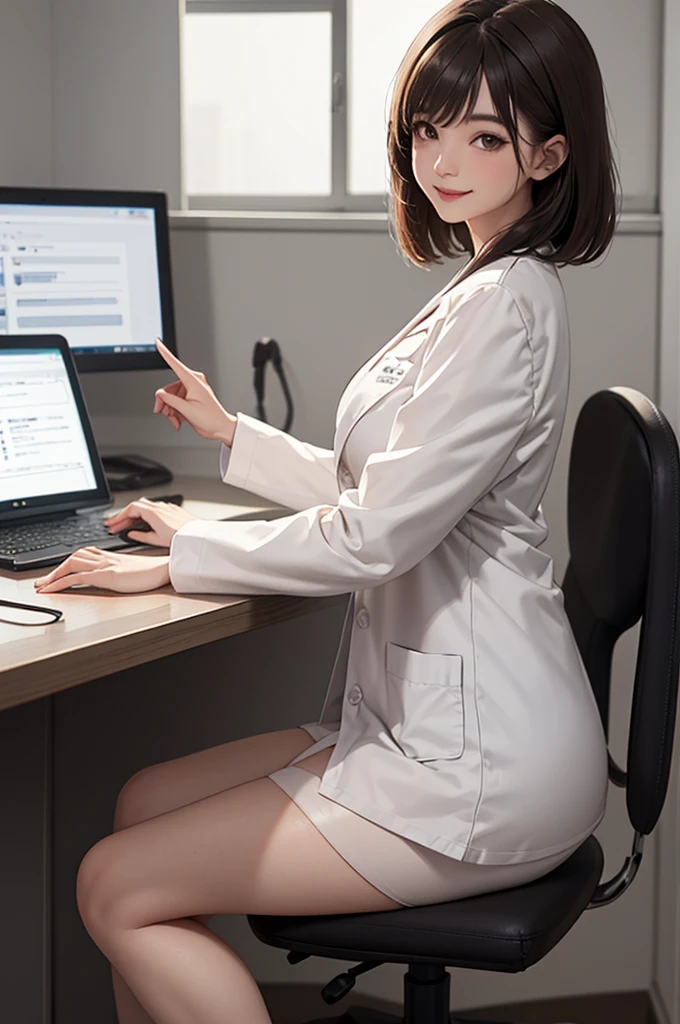 Doctor, 1 woman, solo, sitting (Looking at the audience), (white lab coat), Stylish clothes mature woman /(dark brown hair/) Bangs, smiling kindly (The best quality masterpiece:1.2) Delicate illustrations Special details: Big breasts BREAK (hospital examination room) In the building, desk (X-ray image) Detailed background