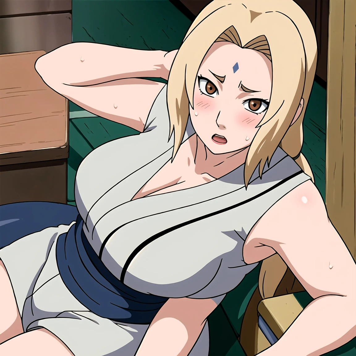 Tsunade , Brown eyes , Blonde Hair , Forehead Mark , (8K, RAW photos, best quality, masterpiece:1.2), (Intricate details), Perfect eyes, Perfect face, Perfect lighting, beautiful, (masterpiece:1.2), (best quality:1.2), 1 Girl, White shirt , Denim shorts , ,((blush,nervous,Vision,classroom,bookshelf,sit on the chair,))masterpiece, absurd , (Intricate details), (Colorful), light, Extremely detailed CG unity 8k wallpaper ,1 Girl, solo,(shy,classroom,night,blush,nervous,Sweating,蕾丝dress, ),sweat,blush,blush1.5,Blush,Medium chest,((dress,Black stockings,)),(dress,Lying in bed,Uncomfortable expression,Mouth open,spit)