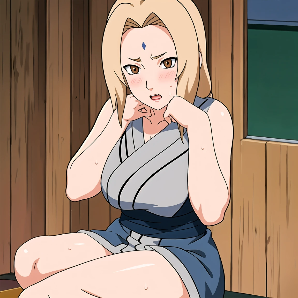 Tsunade , Brown eyes , Blonde Hair , Forehead Mark , (8K, RAW photos, best quality, masterpiece:1.2), (Intricate details), Perfect eyes, Perfect face, Perfect lighting, beautiful, (masterpiece:1.2), (best quality:1.2), 1 Girl, White shirt , Denim shorts , ,((blush,nervous,Vision,classroom,bookshelf,sit on the chair,))masterpiece, absurd , (Intricate details), (Colorful), light, Extremely detailed CG unity 8k wallpaper ,1 Girl, solo,(shy,classroom,night,blush,nervous,Sweating,蕾丝dress, ),sweat,blush,blush1.5,Blush,Medium chest,((dress,Black stockings,)),(dress,Lying in bed,Uncomfortable expression,Mouth open,spit)