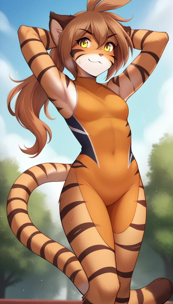 score_9, score_8_up, score_7_up, score_6_up, score_5_up, score_4_up, rating_explicit, source_furry, a female anthro fluffy, 1girl, solo, female, furry, anthro, fluffy tail, medium breasts, teeth, tkflora, tiger, striped fur, yellow eyes, anthro, looking back at viewer, choker, little blush, pussy juice, (evening, on meadow, stand at full height, face visible from one side, rest hands on a stone, flowers, rear view, detailed background:1.1)
