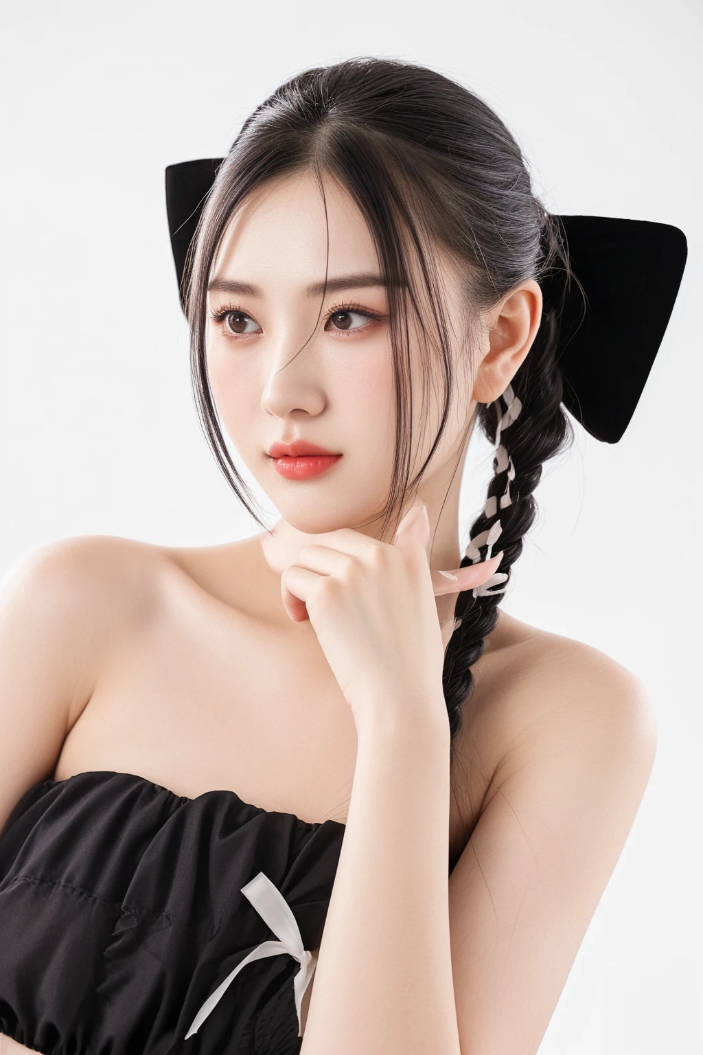 there is a woman with a black dress and a black bow, with black pigtails, pigtails hairstyle, young cute wan asian face, twintails hairstyle, gorgeous chinese model, xintong chen, asian girl with long hair, chinese girl, gorgeous young korean woman, two pigtails hairstyle, ruan jia beautiful!, inspired by Dai Xi, a young asian woman