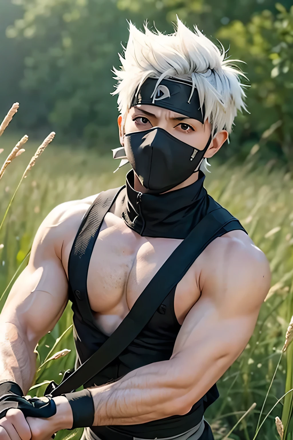 Kakashi holding kunai illustration, background grass field