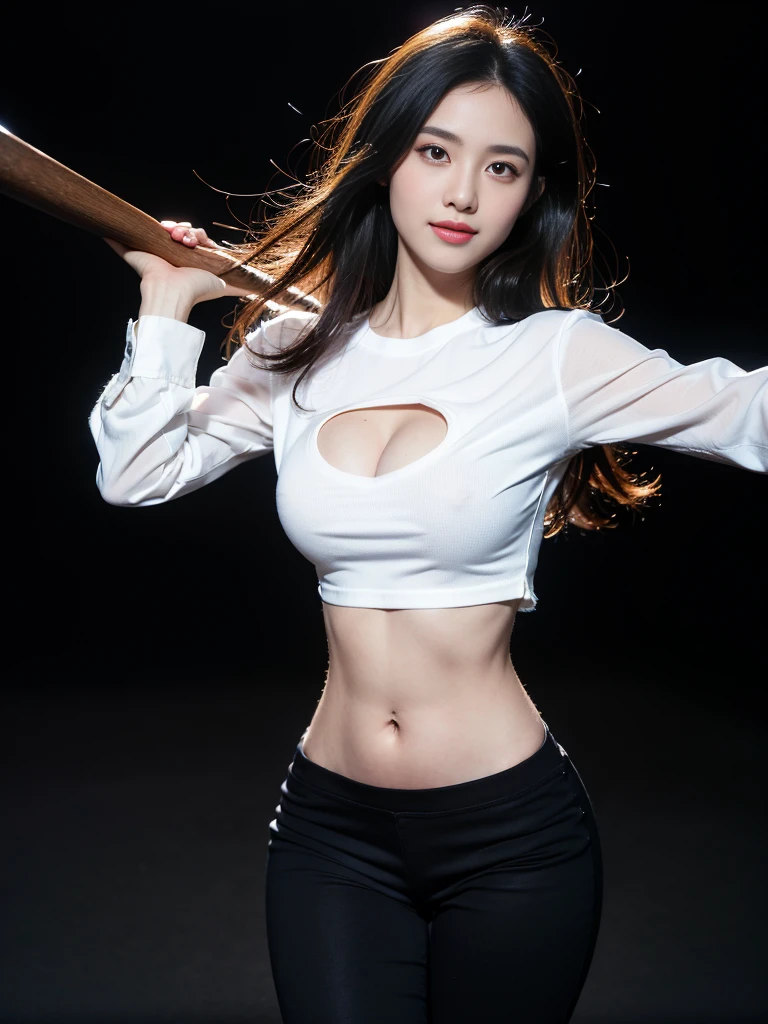 (highest image quality:1.35), high quality, Realistic photo, (A beautiful woman:1.33), beautiful expression, (delicate eyes:1.3), (delicate face:1.3 ), Smile, (slick hair:1.2), Super detailed , high resolution, athletic figure, (big breasts:1.25), (long hair:1.2), (beautiful woman), ( Cute navel:1.2), (Depth of field f/1.8:1.45 ), sharp focus, original photo , (Thin white shirt:1.45), (Thin black pants:1.4), (Thin tight bloack pants: 1.4 ), (Thick thighs:1.5), (Forward:1.25), (cowboy photo: 1.4), (Sports, black background :1.4 ), (black background:1.5 ),