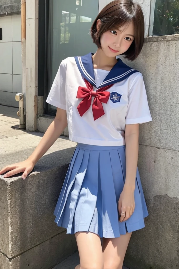 high school student,Wide eyes,slender,(Sunburned skin:1.5),Short Hair,Summer sailor uniform,Thin legs,(Skirts at length below the knee:1.5),