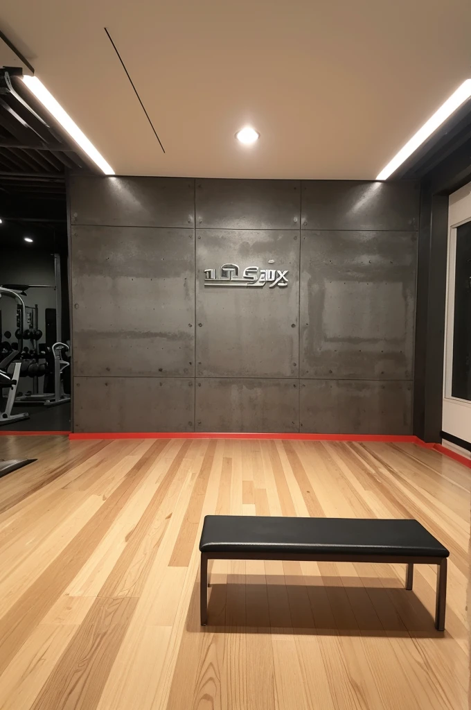 Generate a rendering of the background of the fitness live 3D studio,The gym should have a minimalistic background to keep the focus on the workout area. Use a contemporary design with polished concrete or wooden floors and accent walls featuring motivational quotes. Lighting should create an ambient warm glow, enhancing the energetic and vibrant atmosphere. Emphasize the depth of field to convey the sense of a large space, with high definition and varied textures of metal, rubber, and wood to add realism."