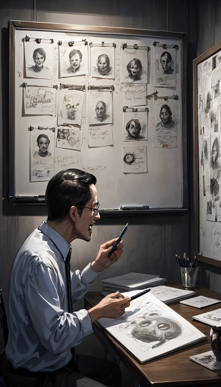 A man plans on a whiteboard with pictures and papers hung on it, evil dark room , there is a scary faces and Puzzles on the wall